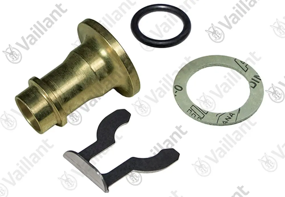 Vaillant Adapter mit mehreren Bauteilen, einschließlich einer Metallstück, einer Dichtung und einer Riegelklemme, ausgelegt für Pumpenmontage.